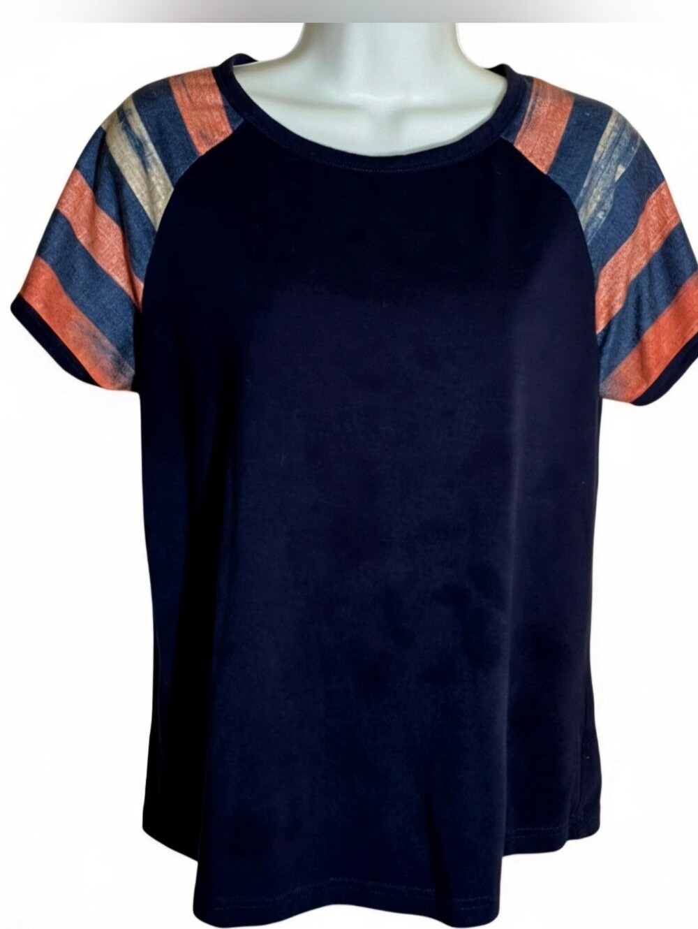 Emery Rose Navy Blue Southwestern Striped Raglan Tee Short Sleeve Top XS S